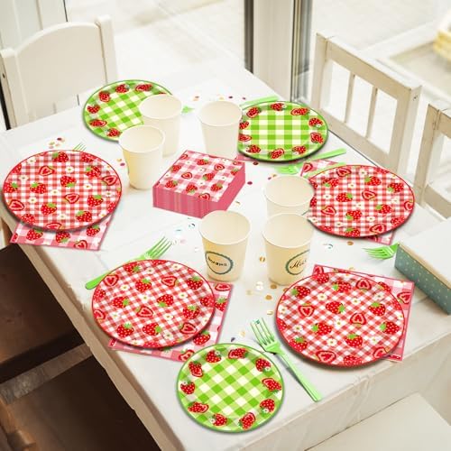 96Pcs Strawberry Party Plates and Napkins Birthday Party Supplies Spring Summer Fruit Paper Dessert Plates Strawberry Themed Tableware Set Disposable for 24 Guests 1st Birthday Party Decorations - Image 6