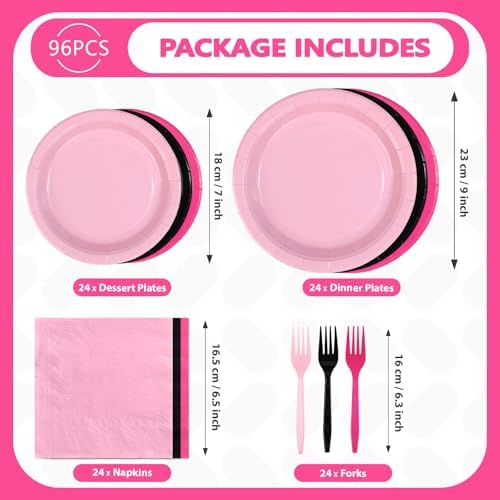 Greencian 96Pcs Hot Pink and Black Birthday Party Decorations, Serves 24 - Image 5