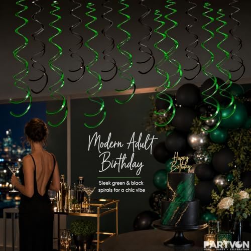 32 PCS Green Black Hanging Swirl Decorations, Sparkle Ceiling Swirls with Plastic Streamers for Graduation, Birthday, Sports Team, Alien Theme Party - Image 5