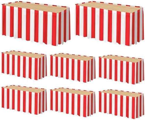 durony 8 Packs Red and White Striped Table Skirt Circus Theme Party Supplies Carnival Table Skirt for Carnival Home Party Decoration, 165 x 30 Inches by durony
