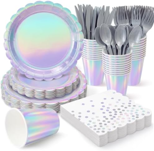 Iridescent Party Dinnerware Set, 175 Pcs Scalloped Paper Plates, Cups, Polka Dot Napkins and Plastic Cutlery, Serves 25 by Unknown