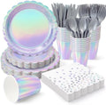 Iridescent Party Dinnerware Set, 175 Pcs Scalloped Paper Plates, Cups, Polka Dot Napkins and Plastic Cutlery, Serves 25 by Unknown