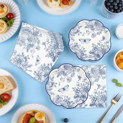 NatNarr 50 Pcs Blue Floral Plates and Napkins, Blue Floral Party Supplies - Image 3