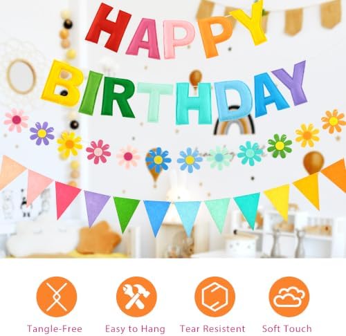 CANREVEL 3 PCS Pre-Strung 3D Birthday Banner Decorations, Rainbow Flower - Image 4