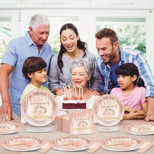96 Pcs Rose Gold 75th Birthday Party Plates and Napkins for Girls Rose Gold Party Supplies Pink Happy 75 Years Birthday Party Tableware Set for 24 Guests Party Decorations - Image 5
