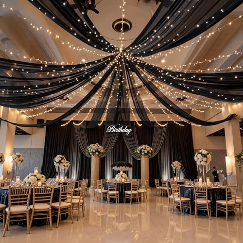6 Panels Black Ceiling Curtains with Lights for Weddings, 5ftx10ft Wrinkle-Free Tulle Fabric Wedding Arch Draping Ceiling Drapes Decorations for Wedding Party Ceremony Stage Tent Event by Unknown