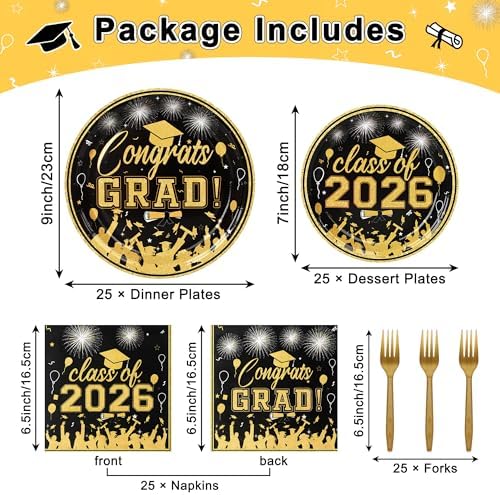100 Pcs Graduation Plates and Napkins, 2026 Black Gold Graduation Disposable Plates and Napkins Party Supplies Set Serves 25, Black Gold Disposable Dinnerware Set for 2026 Decorations Grad Party - Image 2