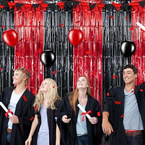 6 Pack 3.3Ft x 6.6Ft Graduation Foil Fringe Curtain Backdrop Decorations, Red Black Metallic Tinsel Foil Streamers Curtain Photo Booth Background for Graduation Prom Wedding Birthday Party Decorations - Image 6