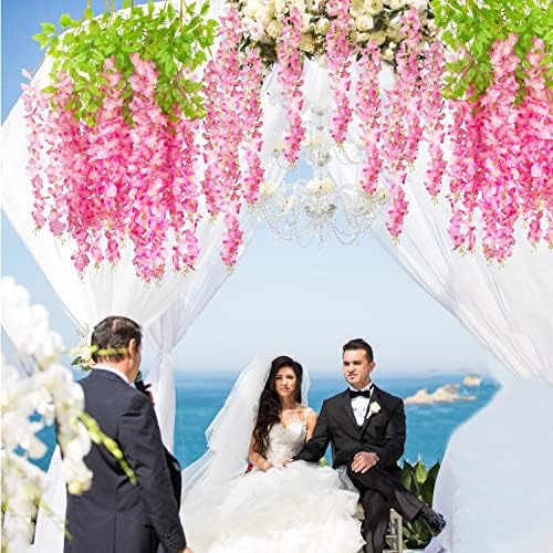 AITISOR 24 Pack Artificial Fake Wisteria Vine Ratta (3.75 Feet) Hanging Garland Silk Flowers String Home Party Wedding Decor (Deep Pink) - Image 7