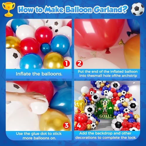 Soccer Party Decorations 161Pcs, Soccer Balloon Garland Arch Kit with Backdrop Banner 18'' Football Foil Balloons, Blue Red Gold White Balloons for Boys Sports Fan Birthday Soccer Party Decor - Image 3