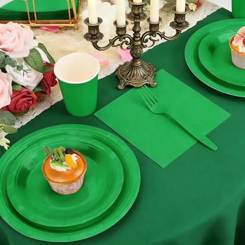 Green Plates and Napkins Party Supplies, Disposable 9’’ Dark Green Paper Plates, 7’’ Dessert Plates Cups Napkins Party Decorations for Christmas, Birthday, Baby Shower, St Patricks, Serves 25 - Image 3