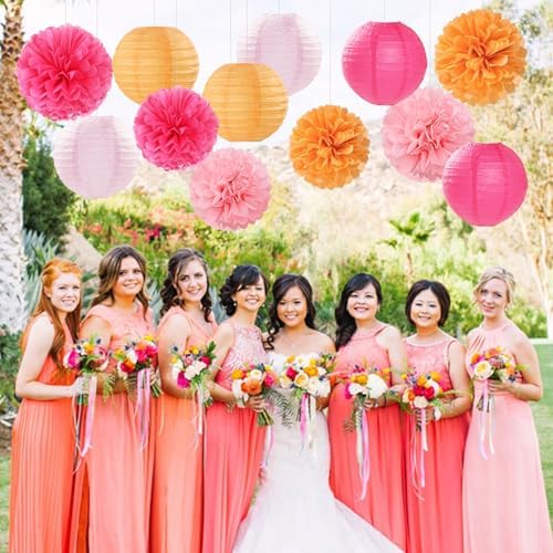 Pink-Orange Party-Decorations Paper-Flowers Lanterns - 15PCS Fall Wedding Birthday Tissue Pom Poms Streamers, Boho Baby Bridal Shower Graduation Sunset Hanging Supplies Decor Hugfond - Image 4