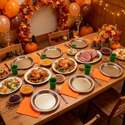 200pcs Fall Plastic Plates Party Supplies, Disposable 9’’ Heavy Duty Dinner Plates and Napkins, Cups & Cutlery Plastic Thanksgiving Dinnerware Set for Autumn Birthday, Harvest Party, Serves 50 Guests - Image 4