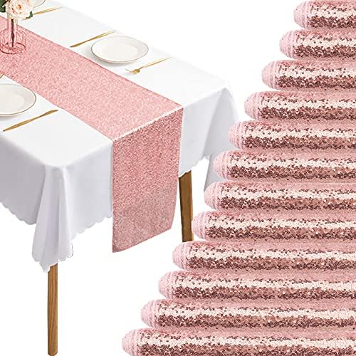 12 Packs 12 X 72 Inch Sequin Table Runner Glitter Dining Table Runner for Birthday Wedding Engagement Bridal Baby Shower Bachelorette Holiday Celebration Party Supplies Decorations (Rose Gold) by Fivenl