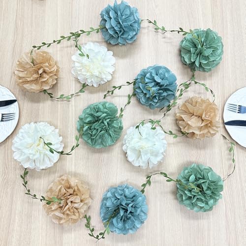 Sage Green Dusty Blue Khaki Beige Tissue Paper Flowers Pom Pom with Leaf Ribbon Hanging Garland Streamer for Birthday Wedding Shower Engagement Silly Goose Themed Party Decorations Supplies - Image 5