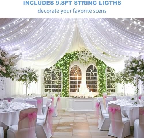 White Ceiling Drapes with Lights String for Weddings, 6 Panels 5ftx10ft Sheer Tulle Backdrop Photo Background Drapes for Wedding Ceremony Birthday Party Arch Decoration - Image 3