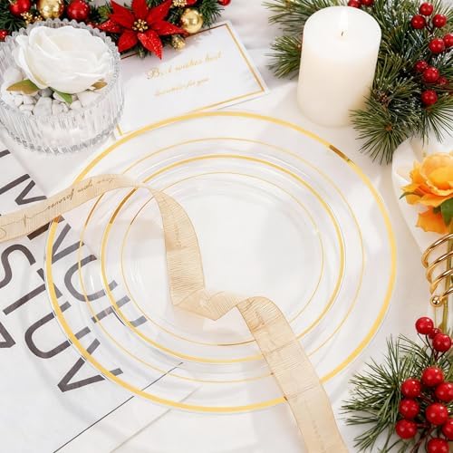 I00000 102 Pcs Clear Gold Plastic Plates, Premium Disposable Party Plates - Image 7