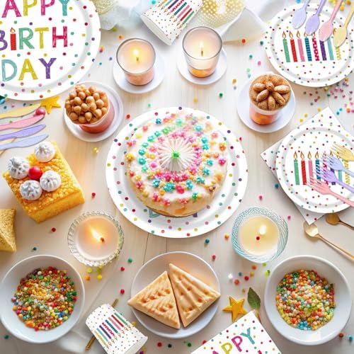142pcs Happy Birthday Party Supplies Set with Colorful Polka Dots Design- Includes Disposable Paper Birthday Plates and Napkins, Cups, Tablecloth, and Banner，Dots Party Supplies Serves 20 Guests - Image 7