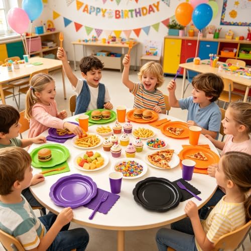 192Pcs Purple Orange Balck Plates and Napkins Party Supplies, Disposable 9’’ Scalloped Halloween Paper Plates Cups Napkins Forks Party Decorations for Birthday, Serves 48 - Image 6