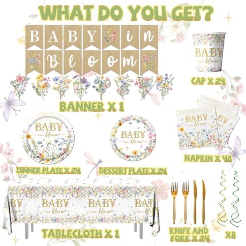 178Pcs Baby in Bloom Baby Shower Decorations-Wildflower Paper Plates and Napkins Kit Girls Floral Baby Shower Dinnerware Serves 24 - Image 4