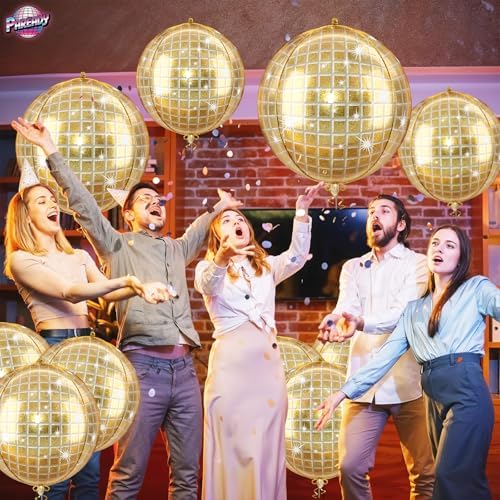 6pcs 22 Inch Gold Disco Ball Balloons, Shiny Gold Big Disco Foil Balloons - Image 6