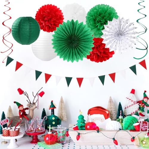 Red Green-White Christmas Party Decorations - 20pcs Mexican Italian Paper Lanterns Fans,Tissue Pom Poms,Honeycomb Balls,Bunting,Birthday Mexico Italy Baby Shower Wedding Decor Burgleda - Image 5
