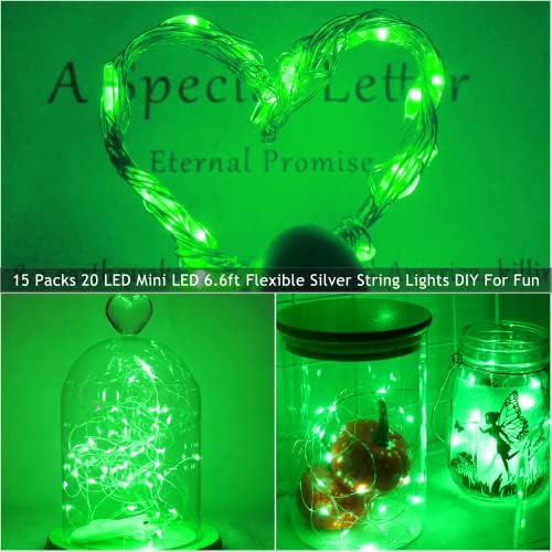 SmilingTown 15 Packs 20 Led Green Fairy Lights Battery Operated St Patricks Day Lights 6.6ft Silver String Lights Waterproof Firefly Starry Light for DIY Table Centerpieces Halloween Christmas Party - Image 5