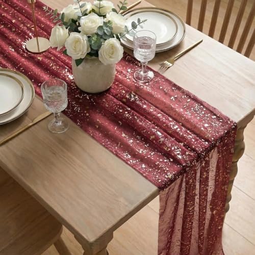 Artoid Mode 6PC Burgundy Gold Gauze Table Runner 120 Inch 10FT, Glitter Metallic Foil Sheer Dining Wedding Anniversary Holiday Birthday Table Decor for Home Party - Image 6