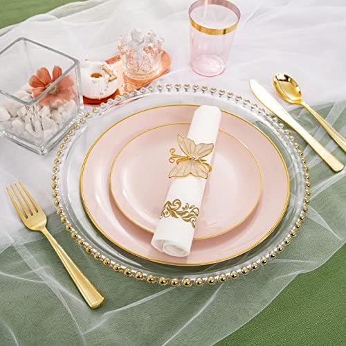 Rubtlamp 210Pcs Plastic Pink Plates with Gold Plastic Silverware Set Include 30Pink Dinner & 30 Dessert Plates, 90Gold Cutlery, 30Gold Cups, 30Napkins, Pink Dinnerware for Valentines&Mother's Day - Image 4