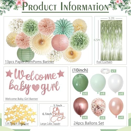 Dusty Pink Sage Green Baby Shower Decorations - Welcome Baby Girl Banner, Retro Pink Green Rosegold Balloons, 'Oh Baby' Cake Topper, Pom Poms Flowers Paper Fan For Birthday Jungle Woodland Party - Image 2