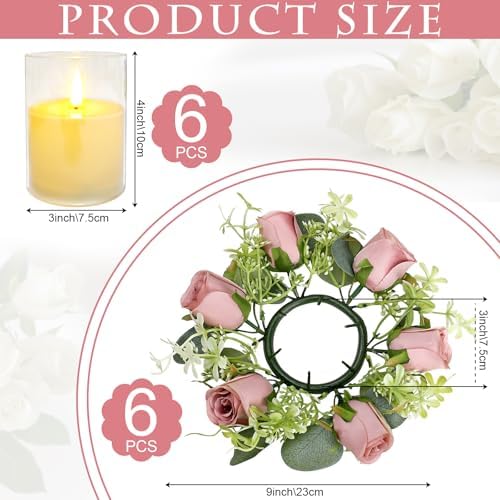 12 PCS Roses Candle Rings Wreaths with LED Candles - Dusty Pink - Image 2