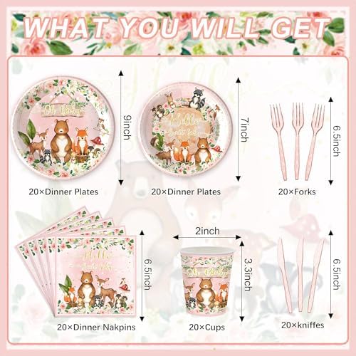 120PCS Woodland Party Supplies for Girls Baby Shower Pink Wild Animal Decorations Plates Napkin Cups Forks Knives Tableware Set for 20 Guests - Image 2