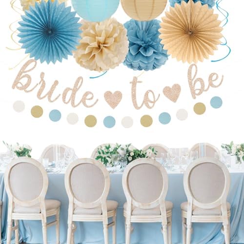 Light-Dusty Blue Beige-Champagne Bridal-Shower Party-Decorations - 31pcs Bride to Be Banner,Boho Neutral Bachelorette Paper Lanterns,Wedding Garland,Tissue Pom Poms Flower Fan Decor Supplies Burgleda - Image 5