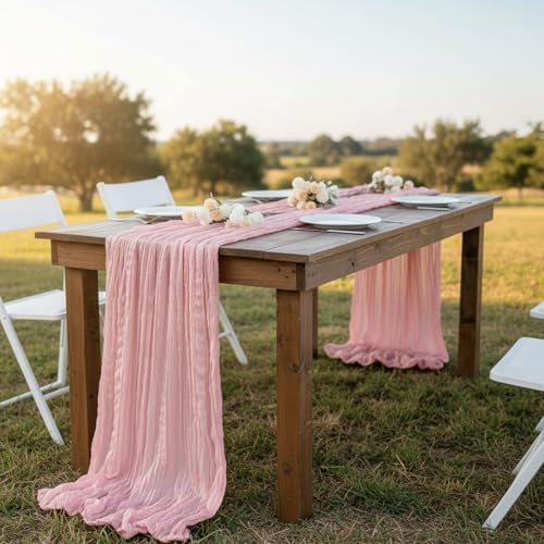 3 Pack Peach Pink Cheesecloth Table Runner 120 Inch Boho Wedding Decor - Image 5