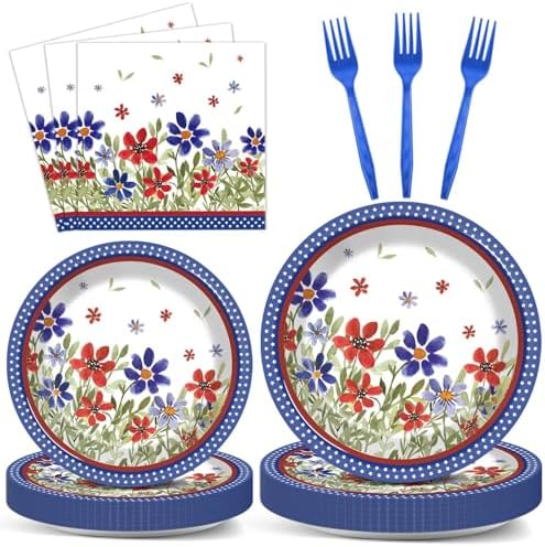 96Pcs American 4th of July Independence Party Plates and Napkins Patriotic Party Decorations Memorial Days Dessert Plates Poppy Flower Tableware for 24 Guests Labor Veterans Days Party Supplies by CHUNNIN