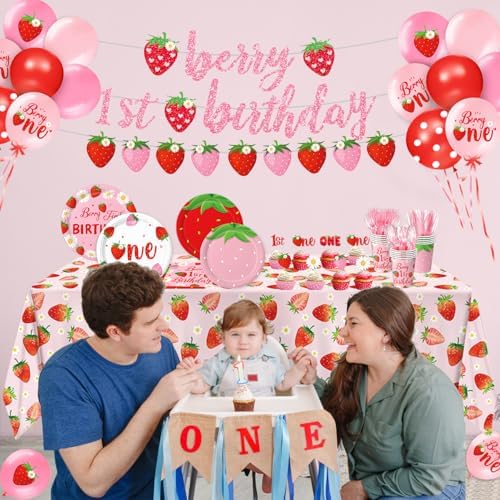 Berry First Birthday Decor Strawberry 1st Birthday Decorations for Plates, Napkins, Cups, Cutlery, Cupcake Toppers, Banner, Tablecloth, Balloons for Girls Strawberry Party Decorations, Serve 20 - Image 6