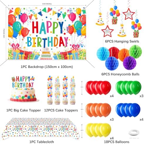 Happy Birthday Decorations For Women Men,Birthday Backdrop,Banner Balloons,Table Cloth,Paper pom poms Party Supplies for Girls Boys (Colorful) - Image 2