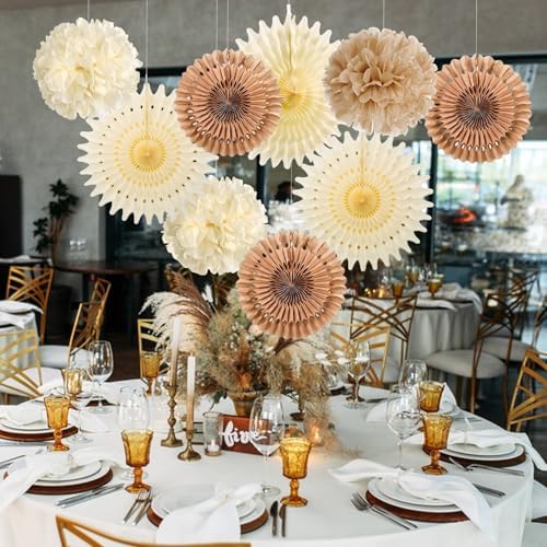 SUNBEAUTY Brown Party Decorations Boho Wedding Party Decor Brown Beige Tissue Pom Poms Paper Fans Hanging Neutral Women Birthday Party Decorations Bridal Shower Baby Shower Rustic Engagement Decor - Image 5