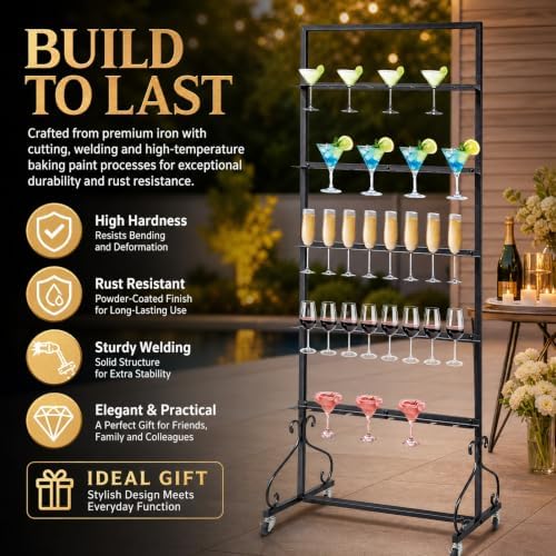 Champagne Tower Stand, 5-Tier Metal Champagne Flutes Display Stand Champagne Wall Holder for Party Champagne Rack Shelf Wine Glass Rack Hold 40 Glasses with Swivel Casters (Black) - Image 5