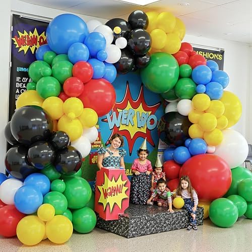 412Pcs Red Blue Yellow Green Black Balloon Arch Garland Kit, 18 12 10 5 Inch Different Size Latex Balloons for Birthday, Video Game Themed Party - Image 6