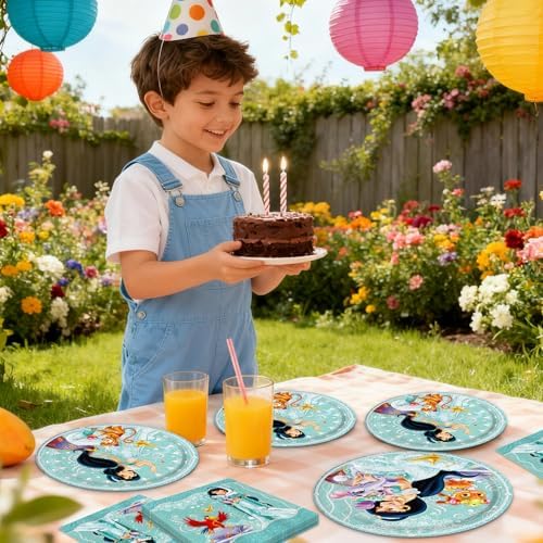 41Packs Princess Jasmine Birthday Decorations Include 20 Plates, 20 Napkins and 1 Tablecover for Birthday Party Supplies (blue1) - Image 6