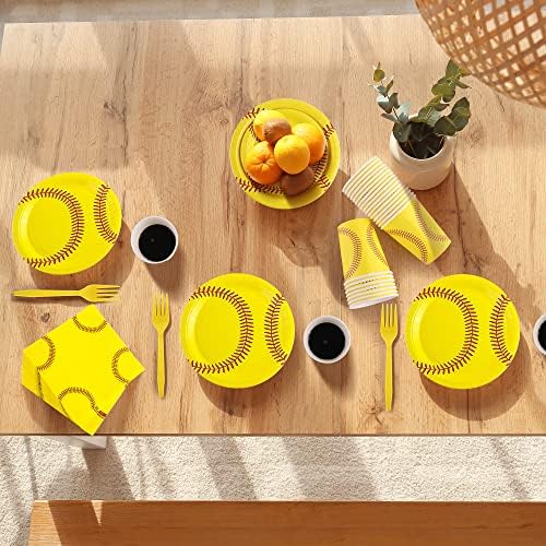 durony 144 Pieces Softball Paper Plates and Napkins Dinnerware Set Softball Birthday Party Tableware Supplies Includes Paper Plates Napkins Forks Serve 24 for Sports Party Supplies - Image 6