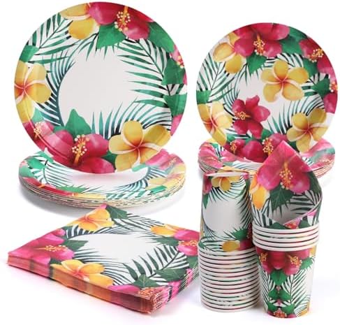 80 PCS Floral Paper Plates, Hawaiian Floral Paper Plates and Napkins Party Supplies for Hawaiian Party Birthday Summer, Serve for 20 Guests by WelcometoUVTQSSP
