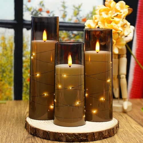 Nimiko Flickering Flameless LED Candles, 9 Pcs with Embedded Star String, Acrylic LED Pillar Candles with Remote, Suitable for Home Decoration (Grey) - Image 4