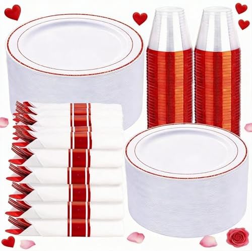 WELLIFE 350 Pcs Red Plastic Plates for 50 Guests - Plastic Dinnerware Set,Valentines Party Supplies Includes 100 Red Plates,150 Silverware,50 Napkins,50 Cups, Valentines Plates by WELLIFE