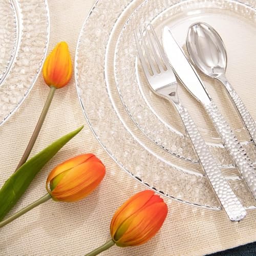 Ciaell 150PCS Clear Silver Plastic Plates - Silver Disposable Plates include 25Dinner Plate, 25Dessert Plate, 25Forks, 25Knives, 25Spoons, 25Cups for Weddings & Parties - Image 4