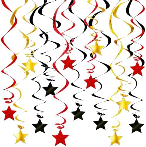 Red Black Gold Star Hanging Swirl Decorations - 30 Pcs Metallic Ceiling Swirls with Foil Stars, Plastic Streamers for Graduation, Casino Las Vegas Night, Movie Theme, Mouse Birthday Party Supplies by PARTVON