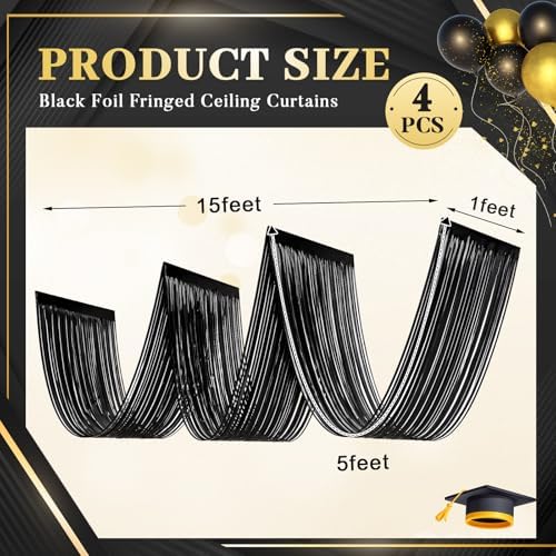 Breling 4 Pcs Black Ceiling Fringe Curtains, Metallic Foil Drapes, 15 ft - Image 2