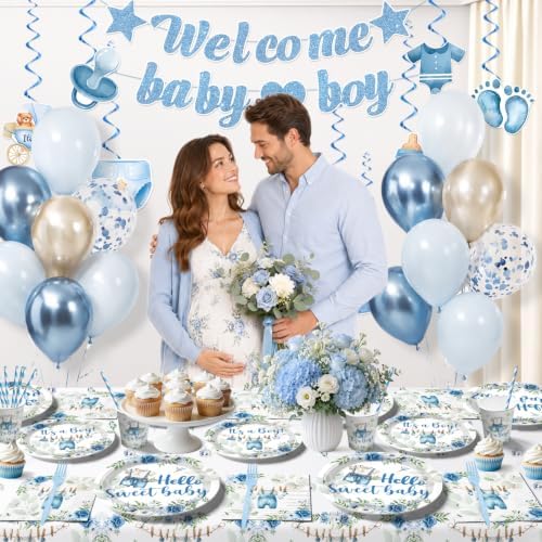 213Pcs Cocomigo Blue Baby Boy Shower Decorations Tableware Set, Serves 25 - Image 4