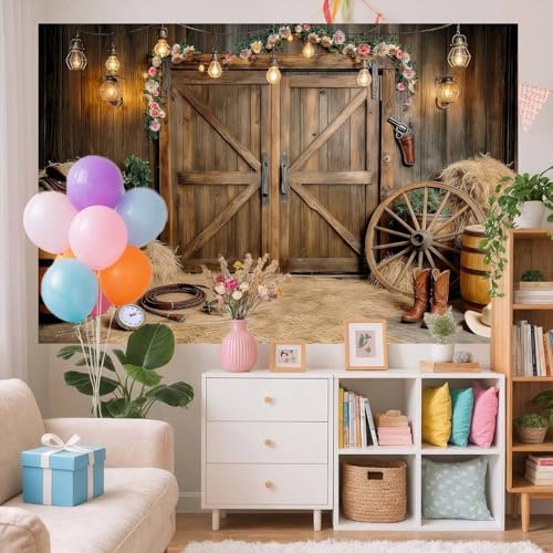 Western Cowboy Backdrop Western Party Decorations Wild West Vintage Wooden Rustic Wooden House Barn Photography Background for Kids Boy Children Boy Baby Birthday Banner Photo Booth 10X8 FT - Image 6